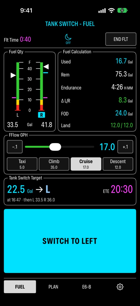 The Fuel page: tank tapes, fuel used and remaining, fuel flow presets, the next switch at 22.5 gallons to the left tank in 20 minutes, and a large Switch to Left button.