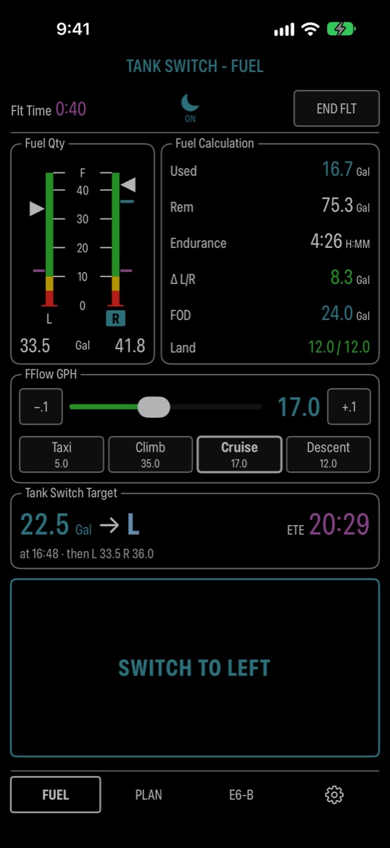 The Fuel page in night mode: dimmer, with outlined buttons and muted cyan.